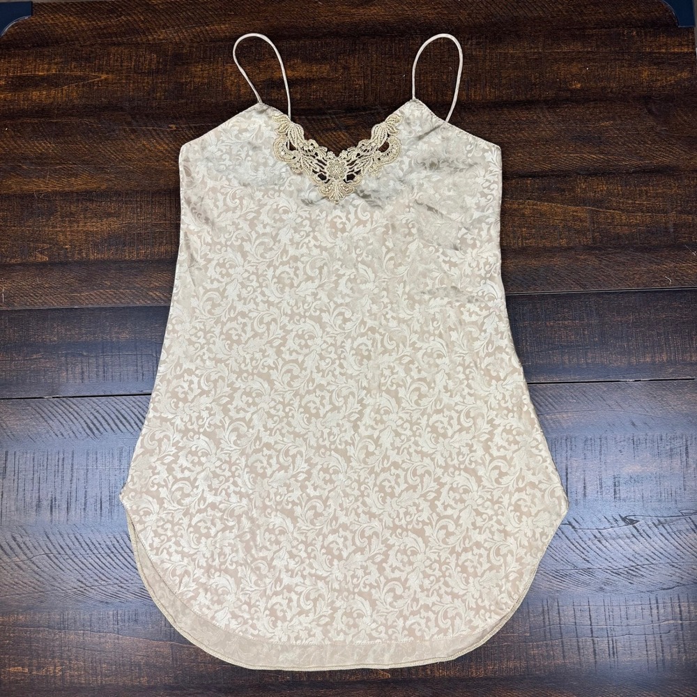 Deena Vintage Damask Lace Chemise Slip Dress Gold Small 90s Lingerie Vintage